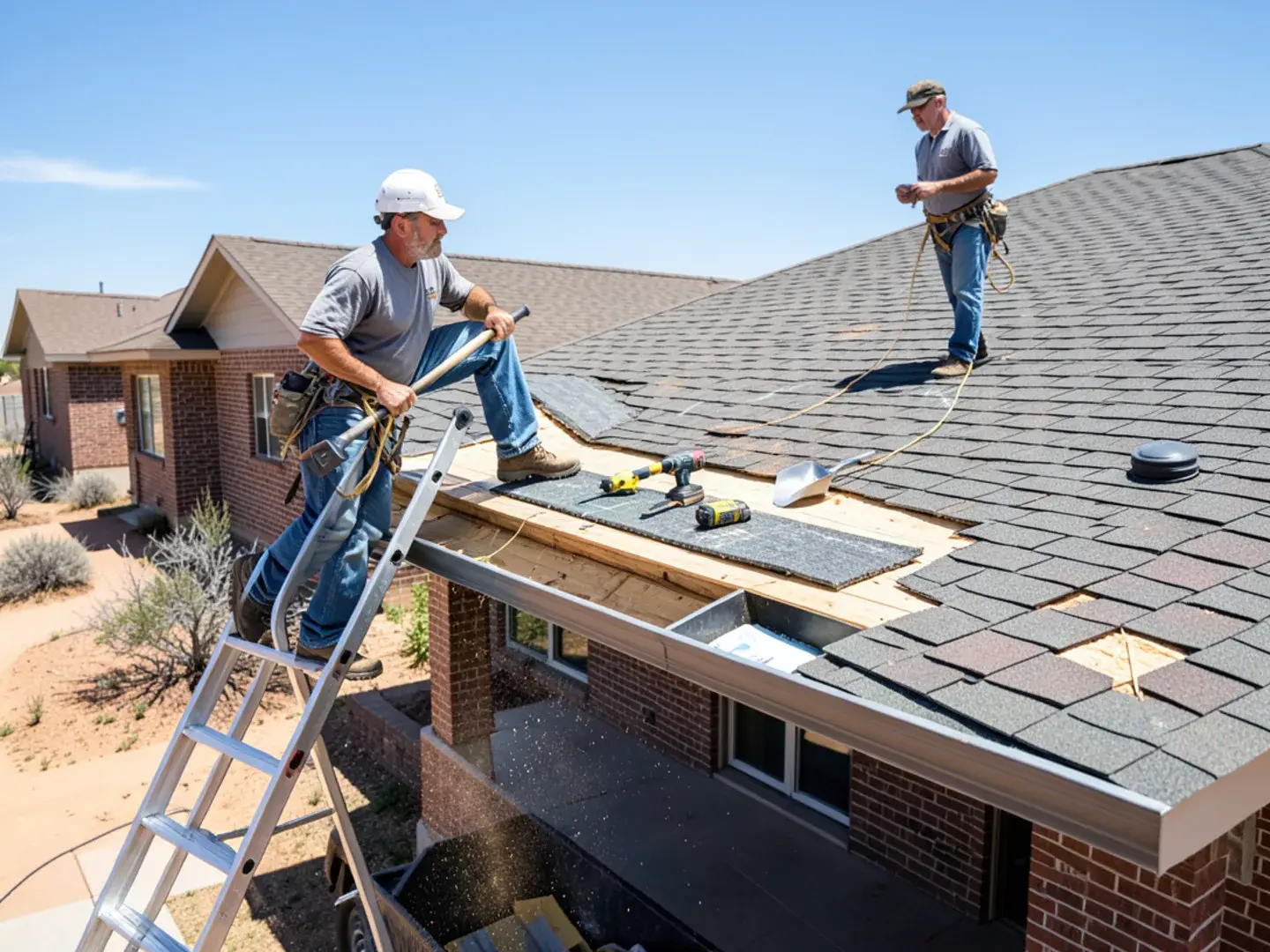 Roofer checking old shingle layers and decking during a tear-off on a single-story Abilene, TX home