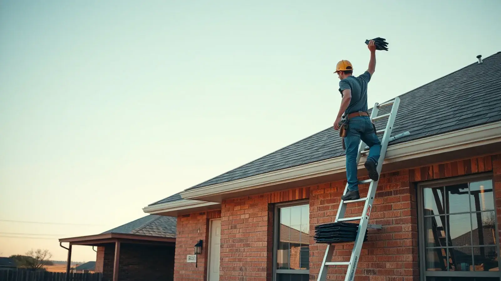 Roofer carrying shingle bundles up a ladder at a West Texas home on a clear morning