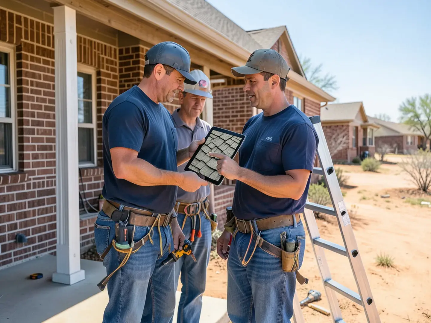 Roofer showing a homeowner inspection photos of a shingle roof on a tablet