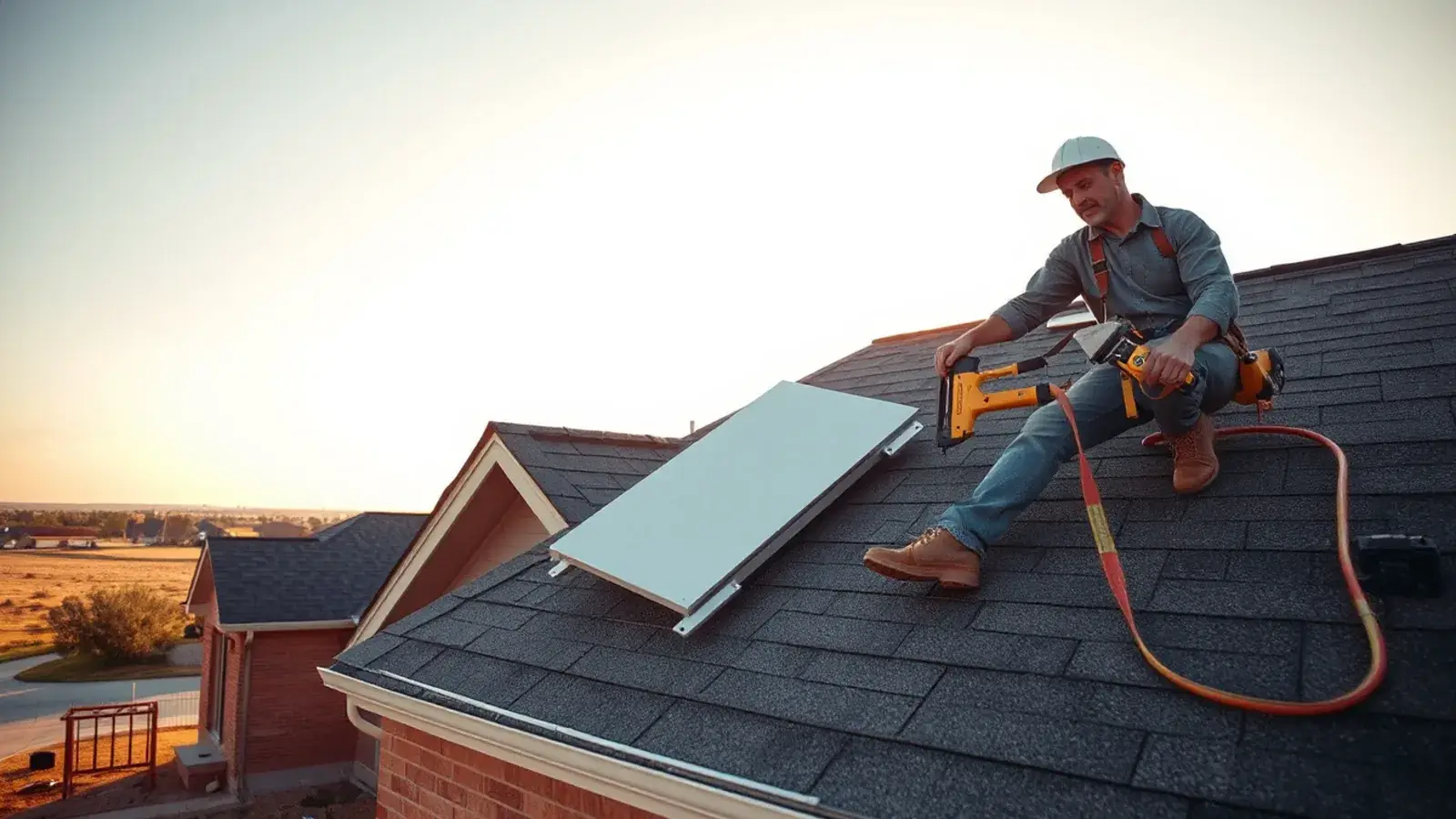 Roofer with a pneumatic nail gun working on a dark asphalt shingle roof of a brick home in Lubbock, TX
