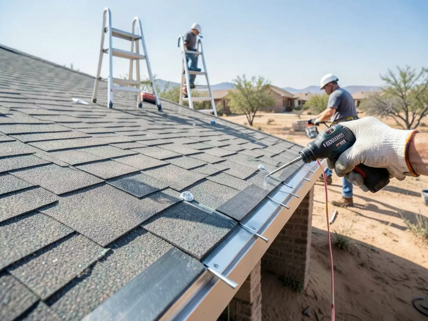 Starter strip shingles nailed along the eave of an asphalt shingle roof on a West Texas home