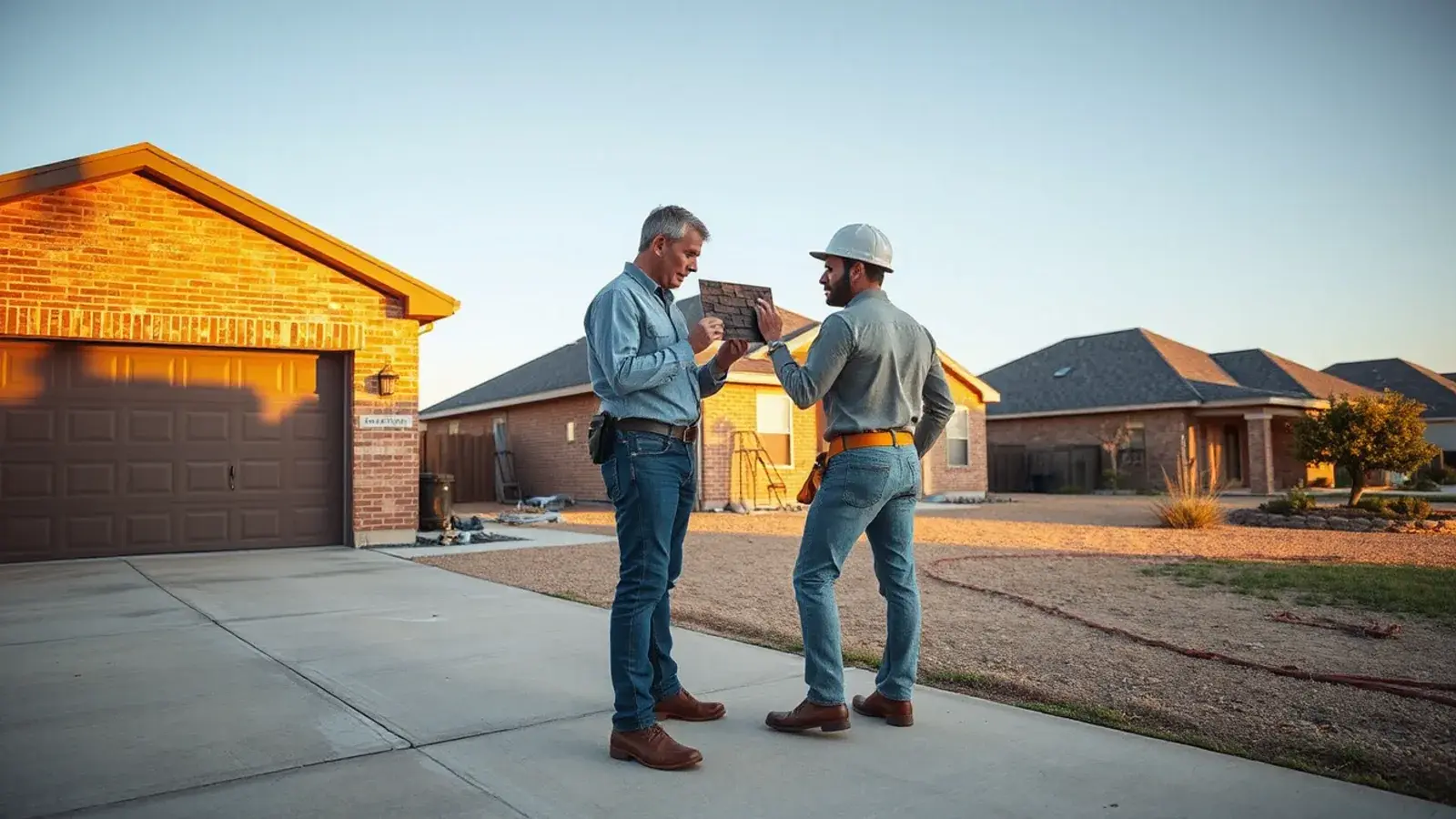 Homeowner and roofer reviewing a shingle sample on a West Texas driveway