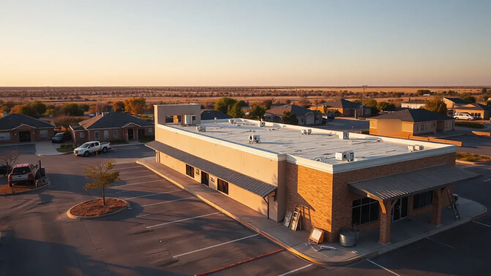 Low-slope white membrane roof with rooftop HVAC units on a retail strip center in Lubbock, TX