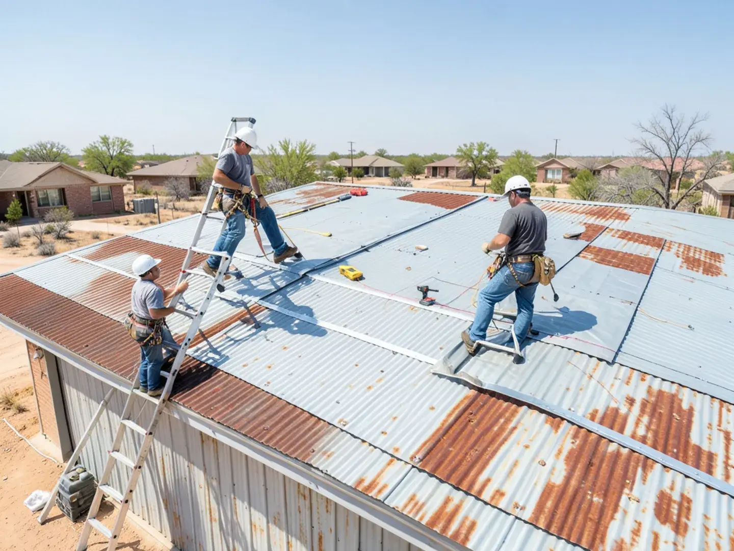 New metal panels being fastened over an older roof during a retrofit on a West Texas metal warehouse
