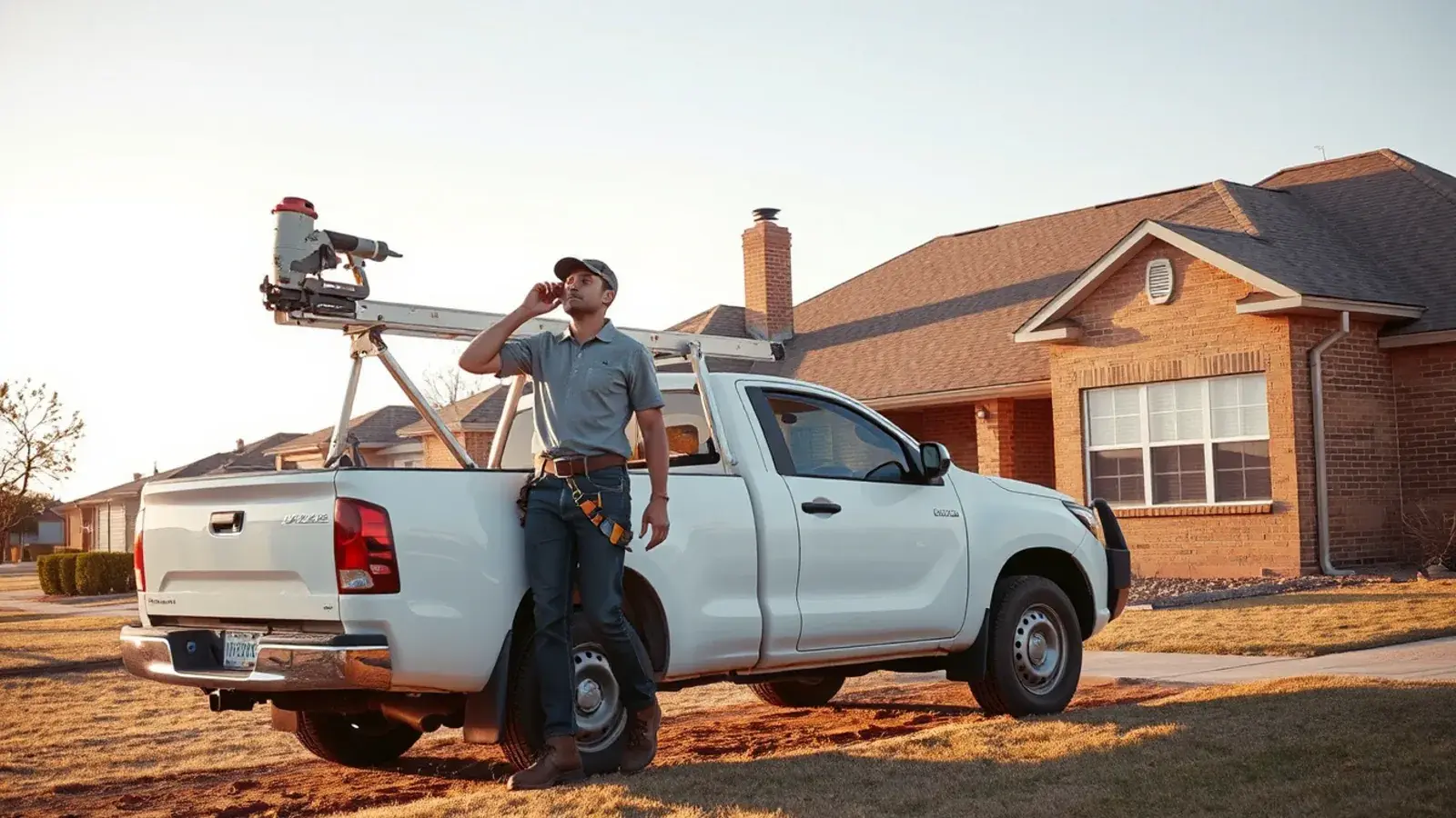 Roofer on a phone call beside a work truck parked at a Lubbock, TX home