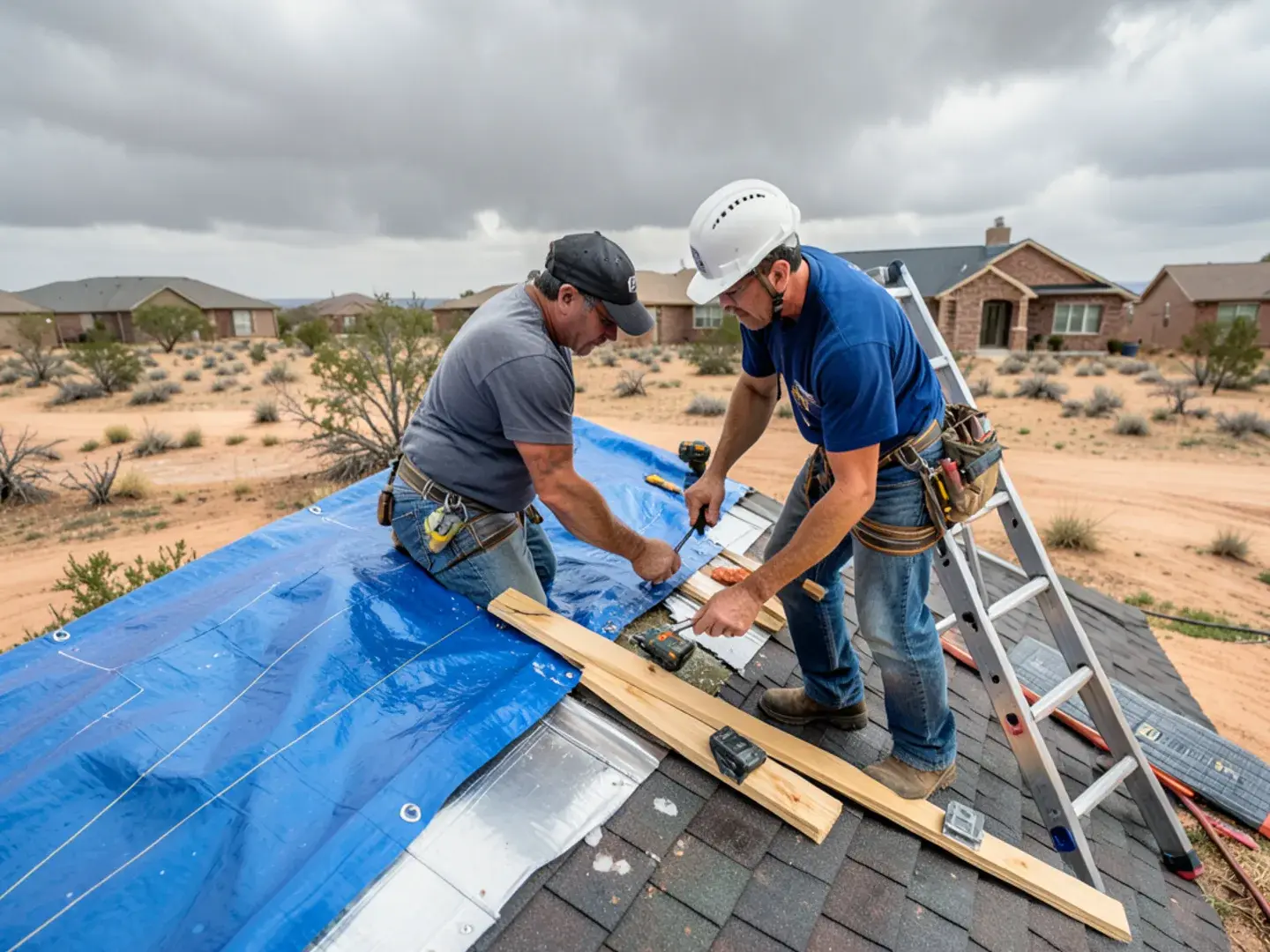 Heavy-duty tarp fastened with wood battens over a torn shingle section to keep rain out until the permanent repair