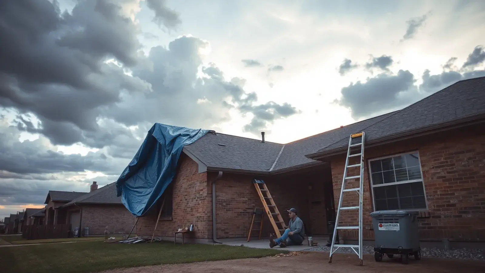 Blue emergency tarp secured over a wind-damaged roof on a brick ranch home in Lubbock, TX