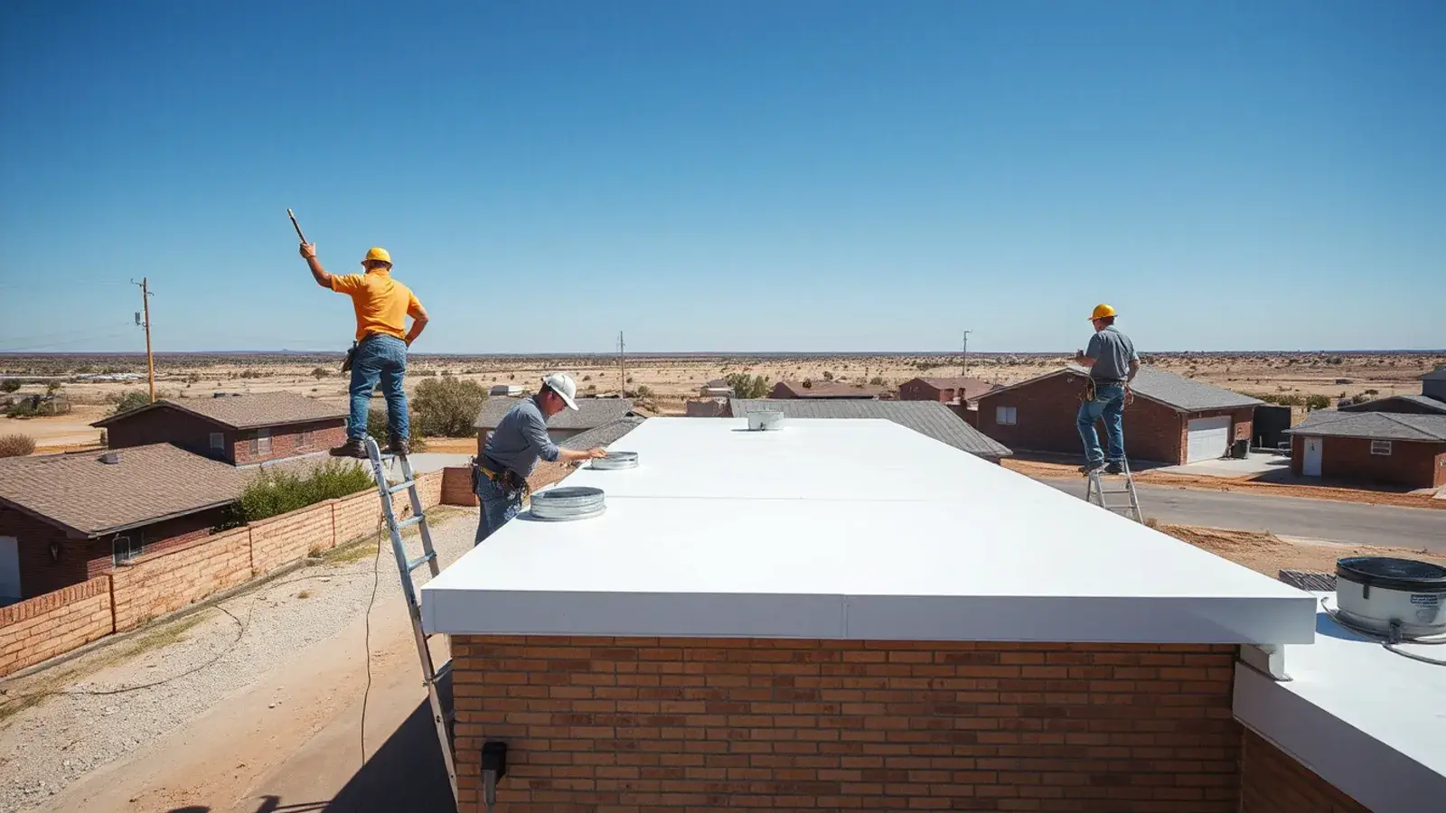 White TPO flat roof with parapet walls and drains on a single-story building in Lubbock, TX under a wide blue sky