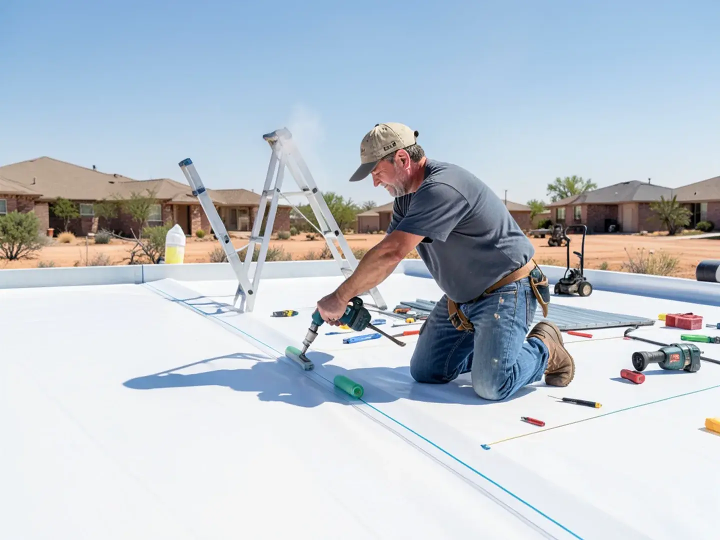Roofer heat-welding a TPO membrane seam on a low-slope roof under a clear West Texas sky