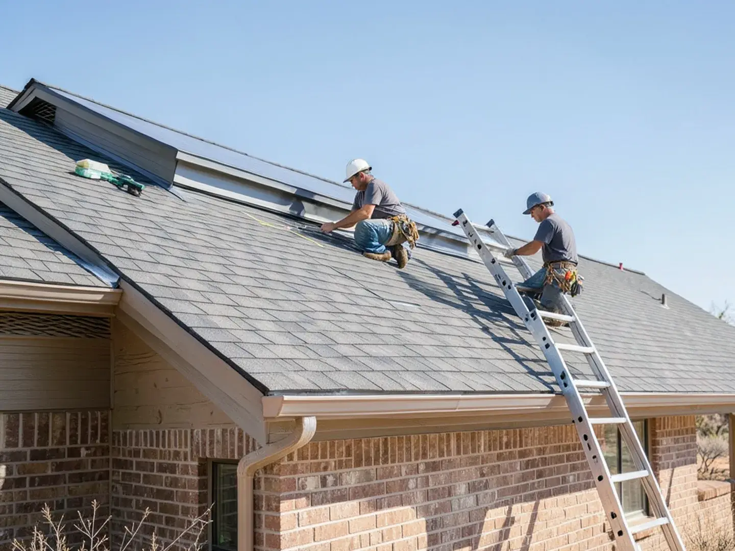 Ridge vent along the peak of a shingle roof that exhausts attic heat on an Abilene, TX home