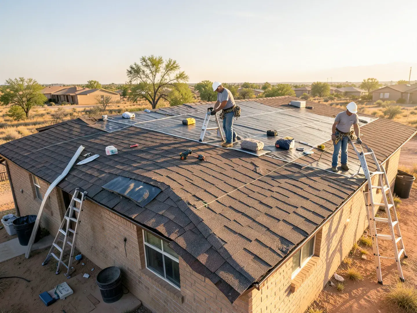 Curling and cracked shingles near the end of their life on an aging West Texas roof