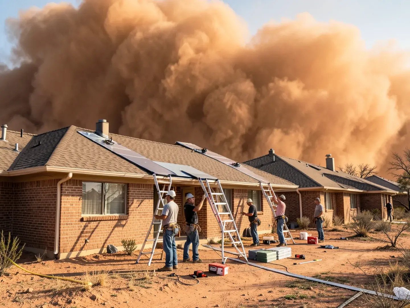 Wall of dust rolling toward single-story homes on the South Plains near Lubbock, TX