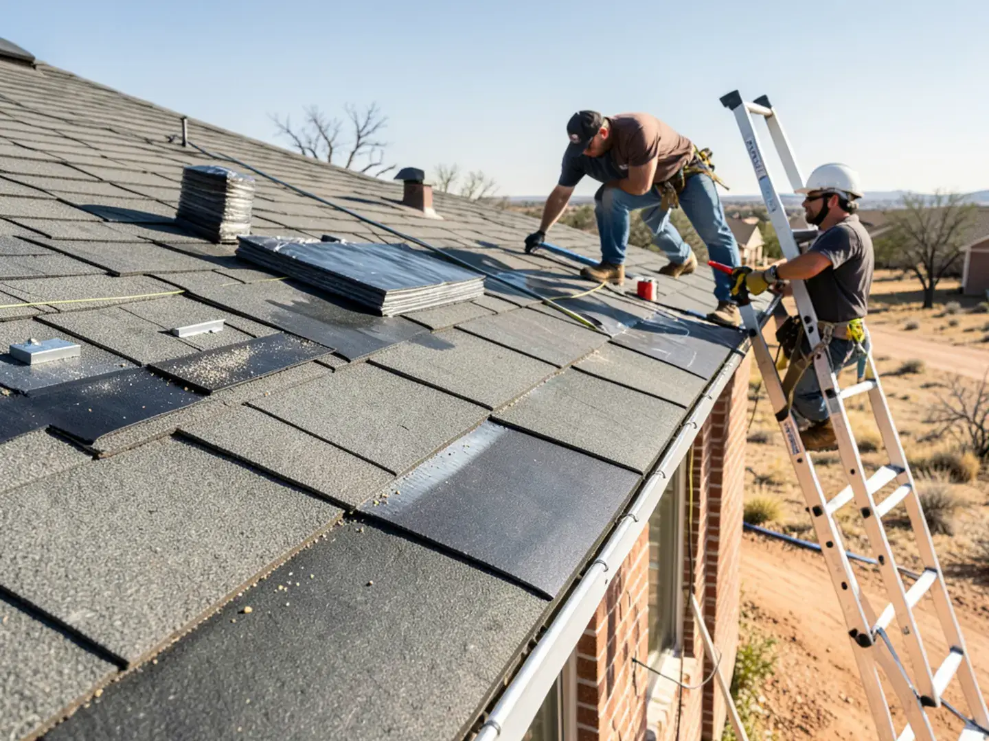 UV-worn asphalt shingles with granule loss on a south-facing slope of a West Texas home