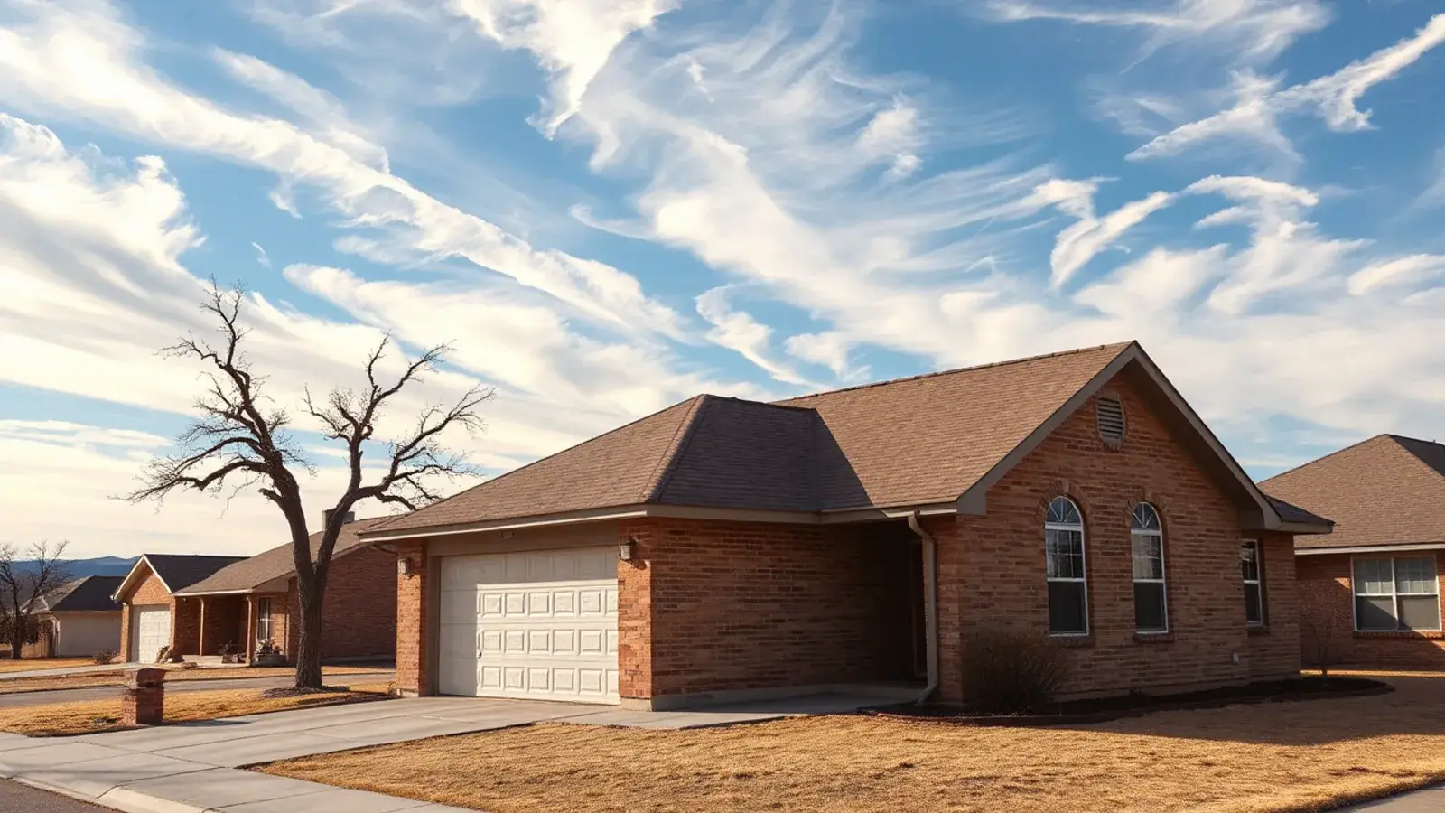 Single-story brick home with an asphalt shingle roof under a wide West Texas sky in Lubbock, TX