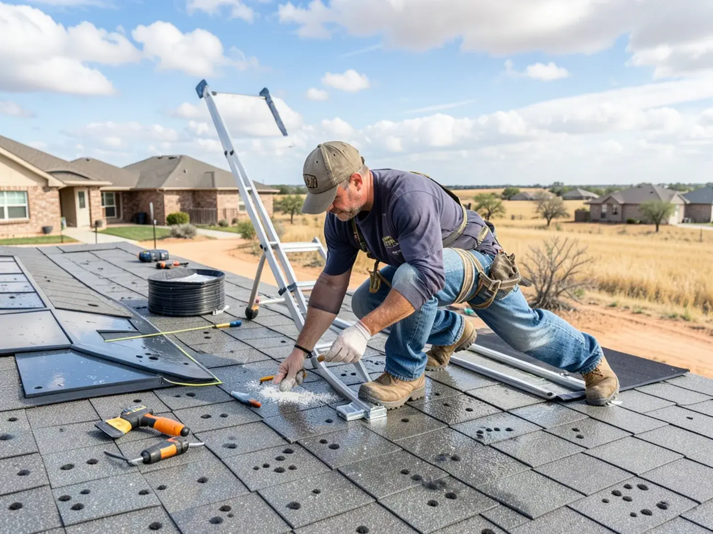 Roofer checking hail-bruised asphalt shingles on a ranch-style Lubbock, TX home after a South Plains storm