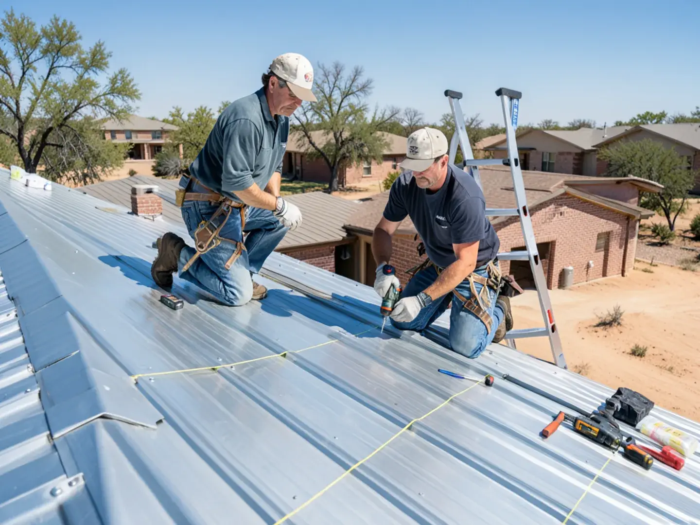Roofer fastening exposed-fastener metal panels on a detached shop roof beside a West Texas home