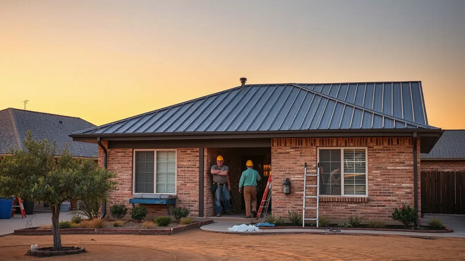 Standing seam metal roof on a ranch-style home under a wide West Texas sky in Lubbock, TX