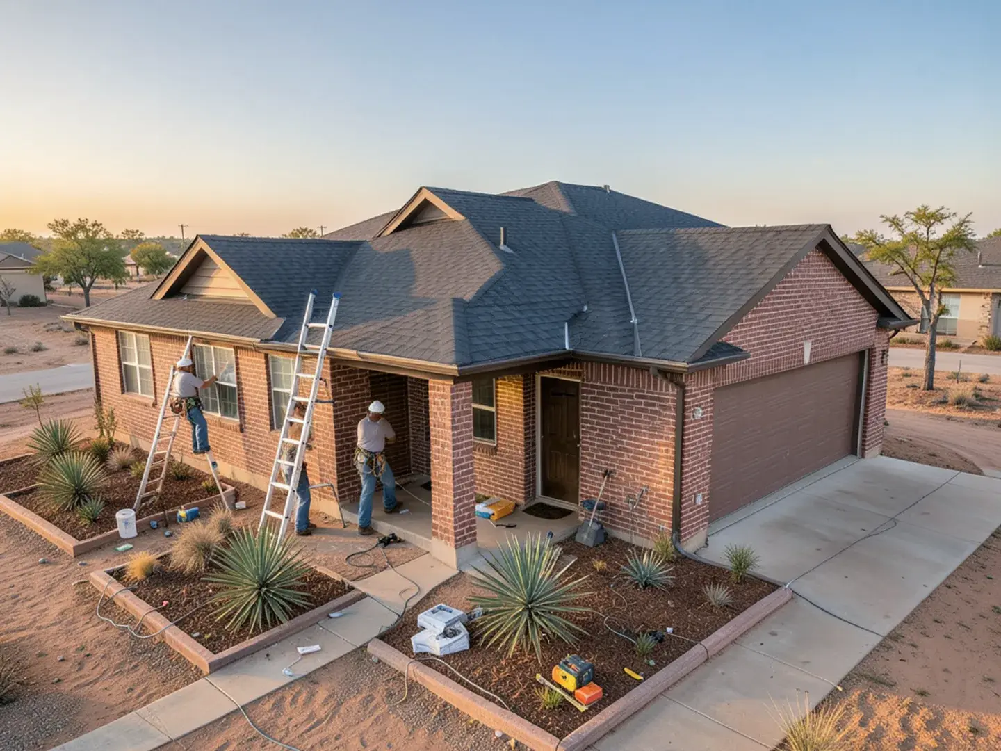 Architectural asphalt shingle roof on a single-story brick ranch home in a Lubbock suburb