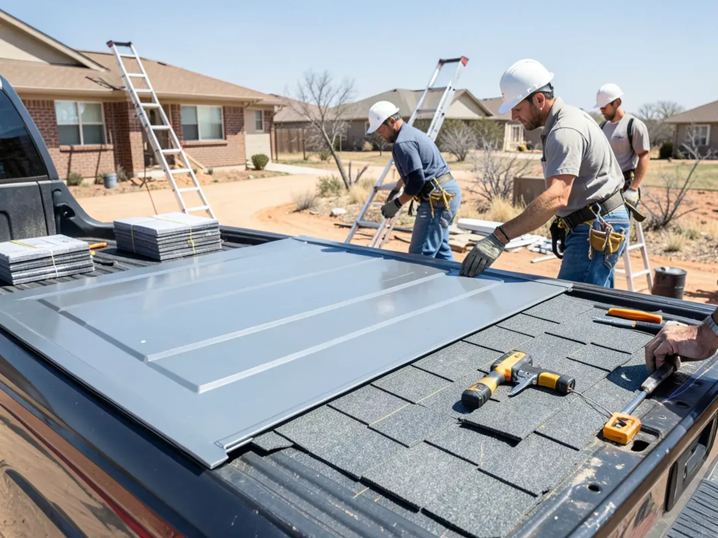 Class 4 impact-resistant shingle sample next to a metal roofing panel on a Lubbock, TX job site
