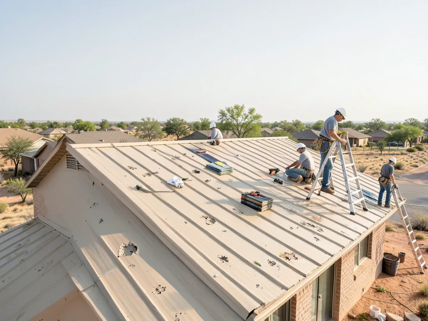 Shallow cosmetic hail dents on a light-colored metal roof of a Midland, TX home