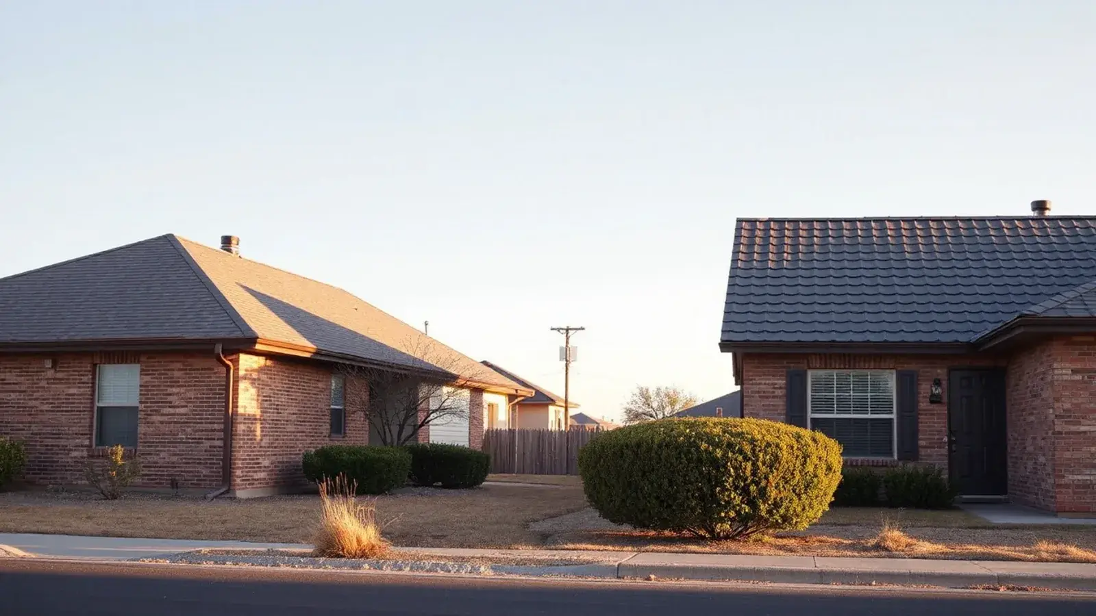Neighboring West Texas brick homes, one with an asphalt shingle roof and one with a darker tile-style roof