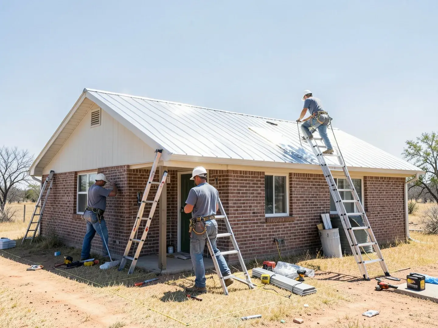 Light-colored metal roof reflecting strong summer sun on a ranch-style home in West Texas