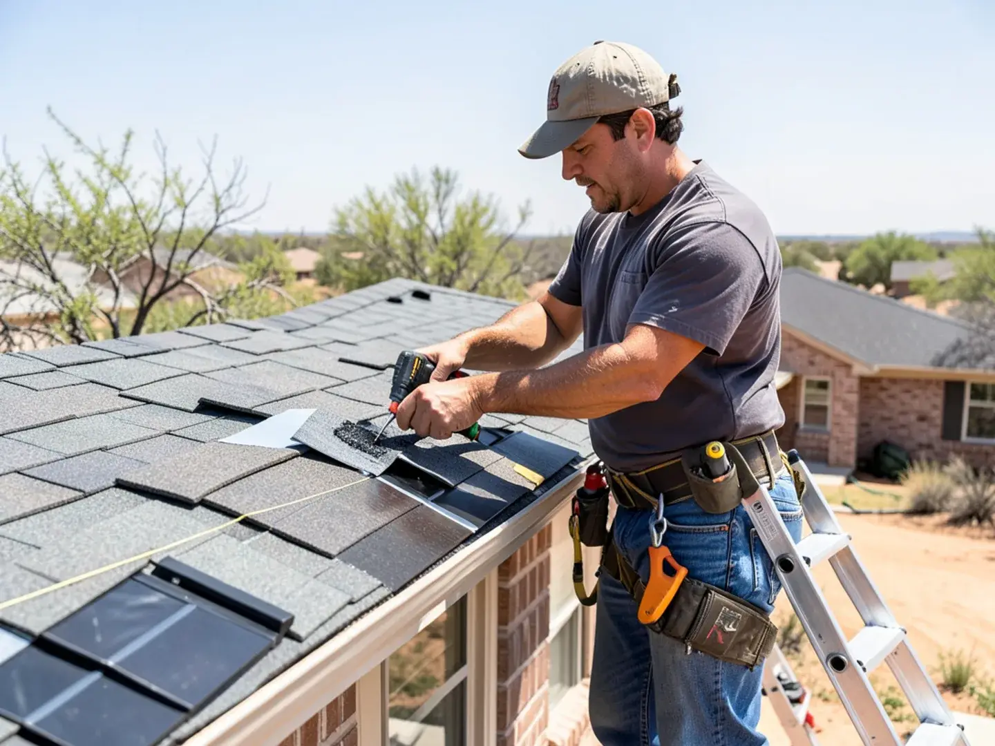 Roofer resealing wind-lifted asphalt shingles on a Midland, TX home with a flat Permian Basin horizon