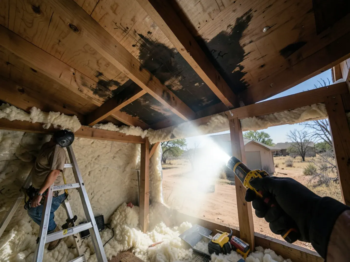 Flashlight beam showing a water stain on attic roof decking during a residential roof inspection