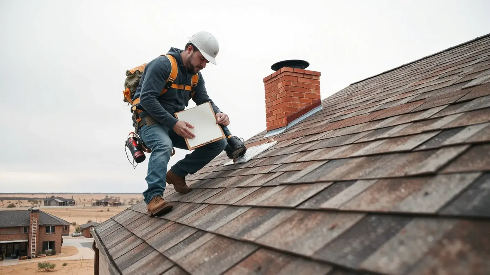 Roof inspector checking asphalt shingles and a vent pipe on a single-story ranch home in Lubbock, TX