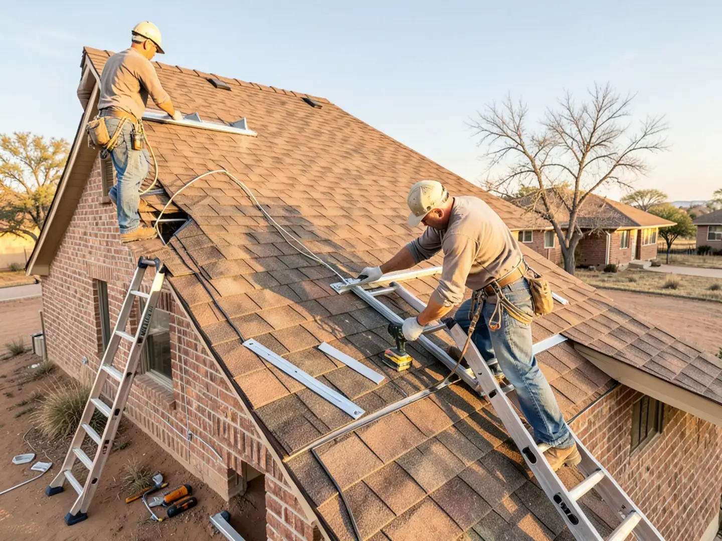 Roofer weaving new shingles into an existing roof where a room addition meets a West Texas ranch home