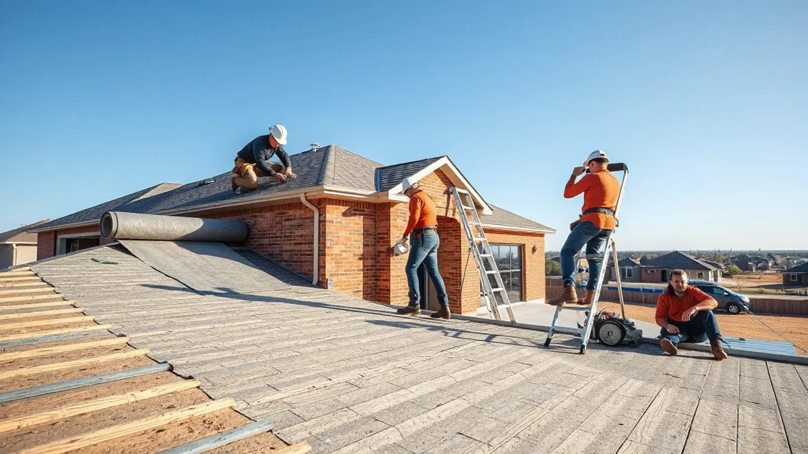 Roofer installing underlayment and drip edge on a new construction home in Lubbock, TX