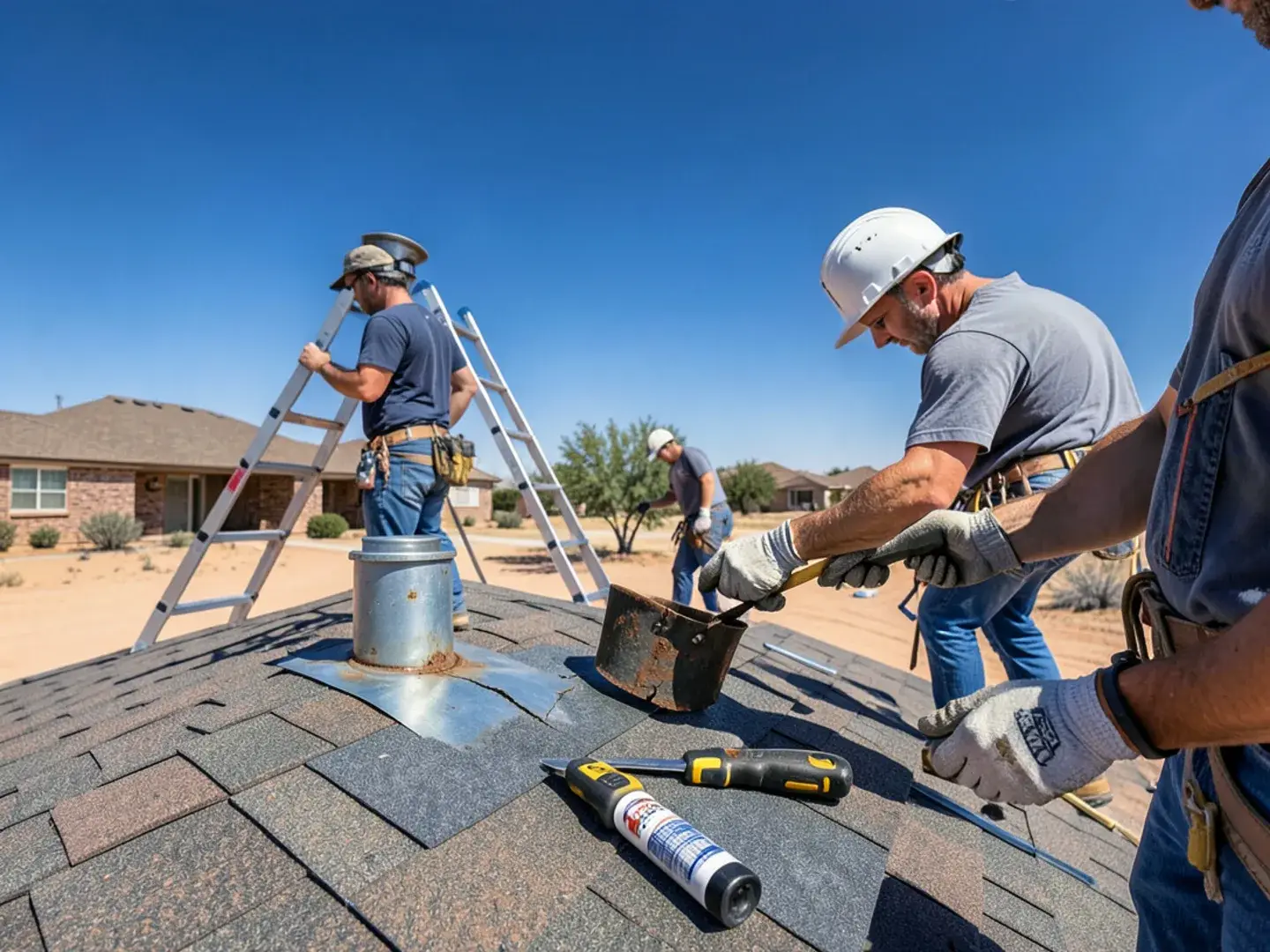 Roofer replacing a cracked rubber pipe boot on a West Texas shingle roof under a big blue sky