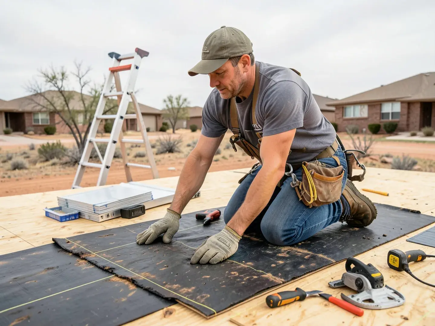 Exposed plywood roof decking checked for soft, rotted sheets after tear-off on a Midland, TX home