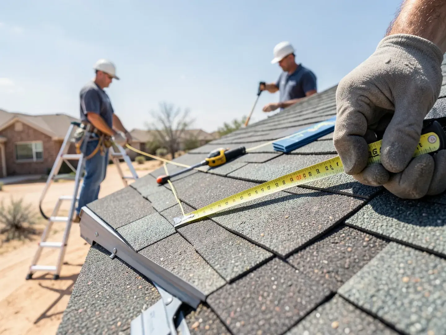 Tape measure and pitch gauge on a sloped shingle roof of a single-story home in Lubbock, TX