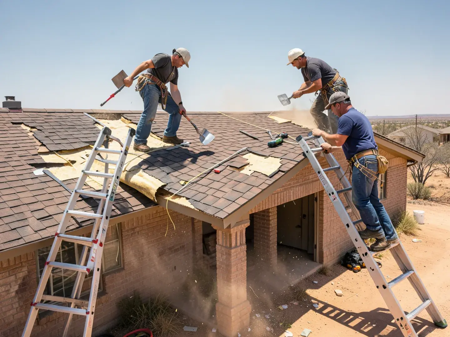 Two layers of old asphalt shingles being torn off a West Texas ranch home before a roof replacement