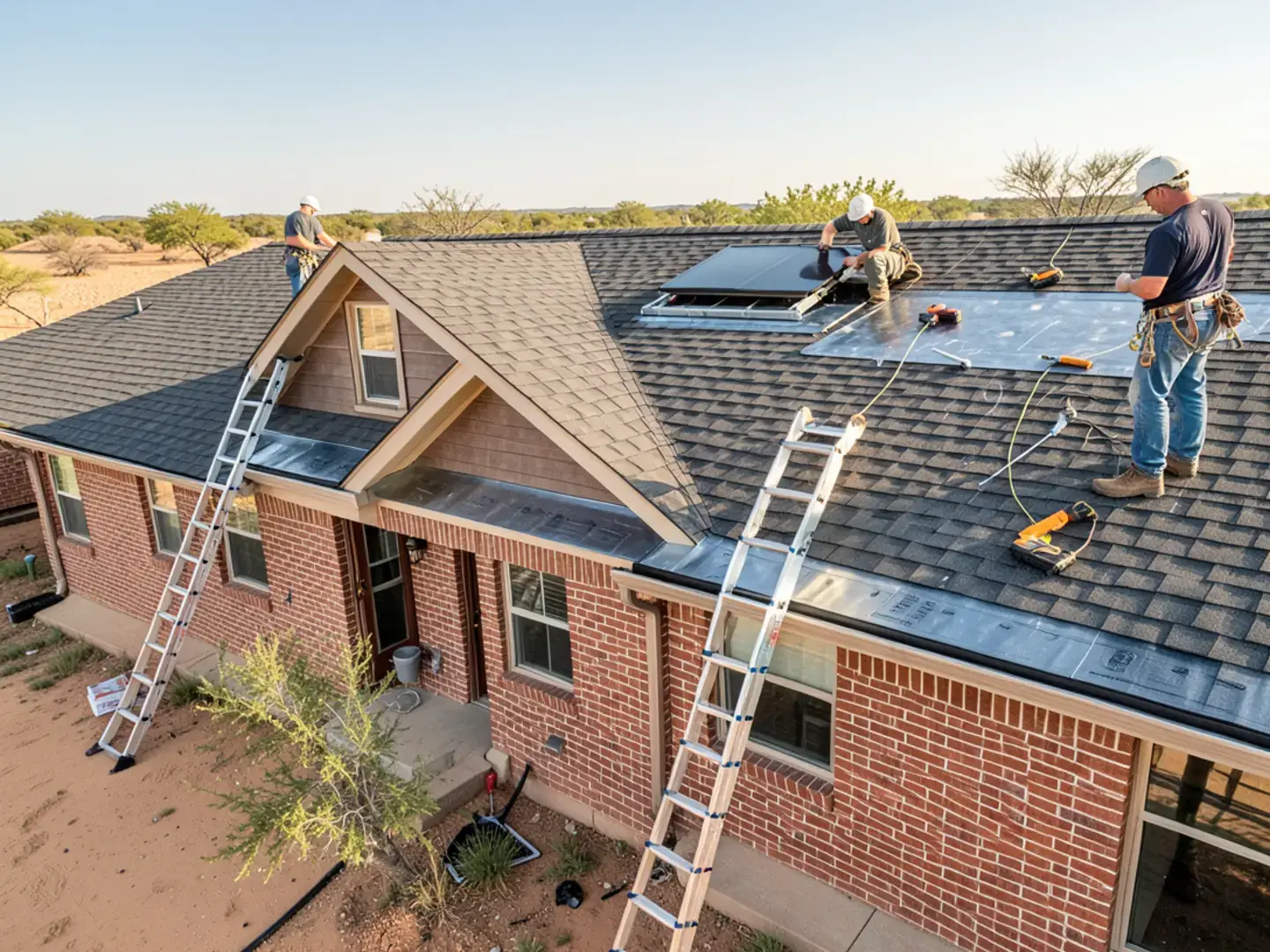 Roof with valleys, a dormer and skylight flashing on a brick home in a West Texas suburb