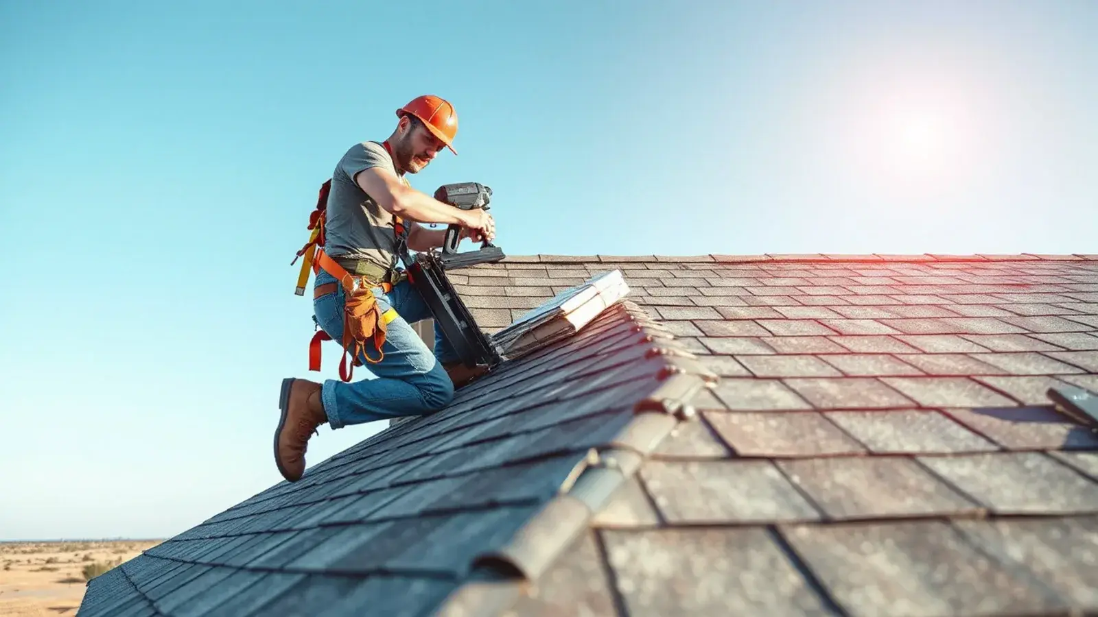Roofer installing architectural shingles during a roof replacement on a brick ranch home in Lubbock, TX
