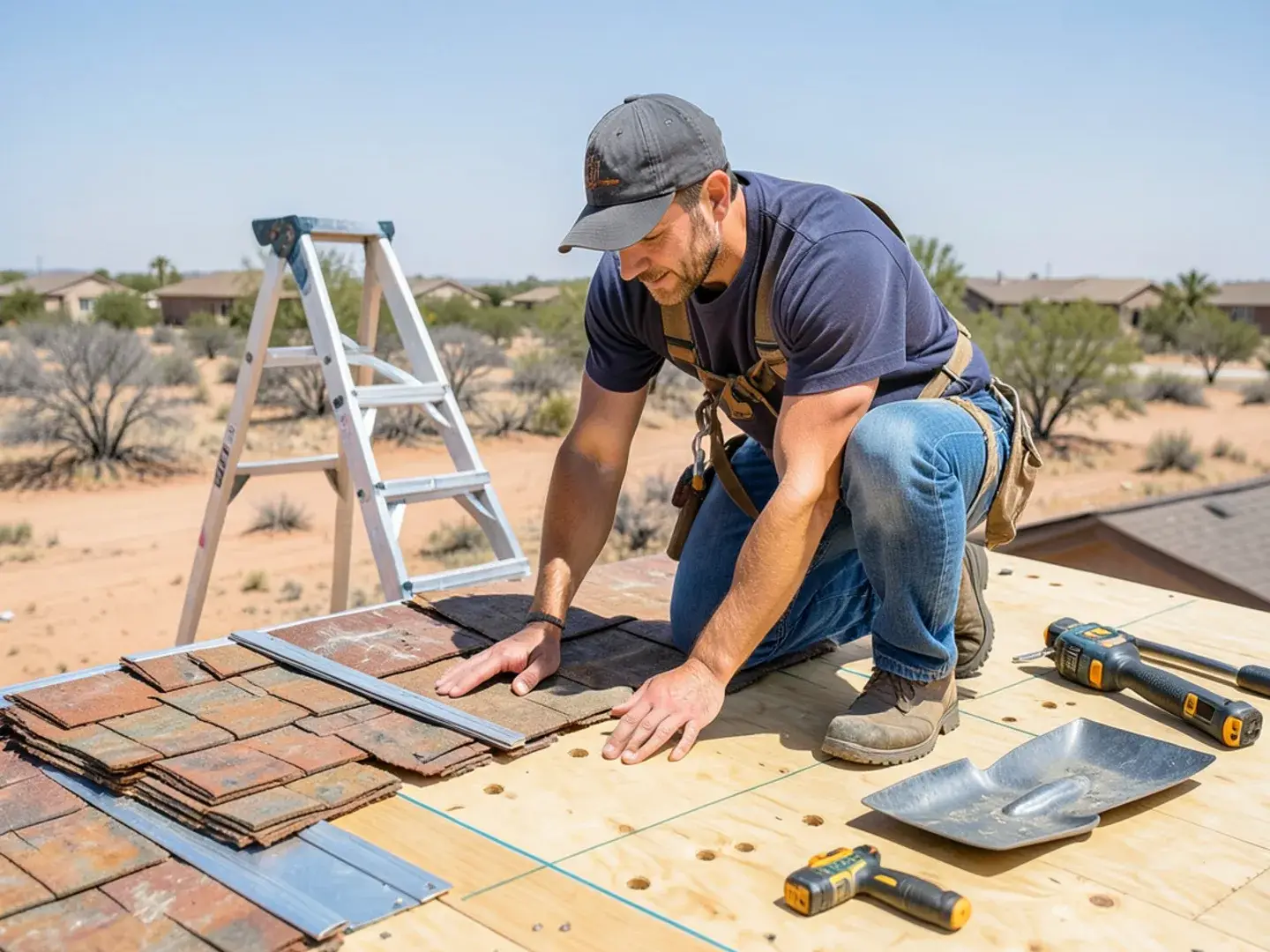Roofer inspecting bare plywood decking after a shingle tear-off on a West Texas ranch-style home