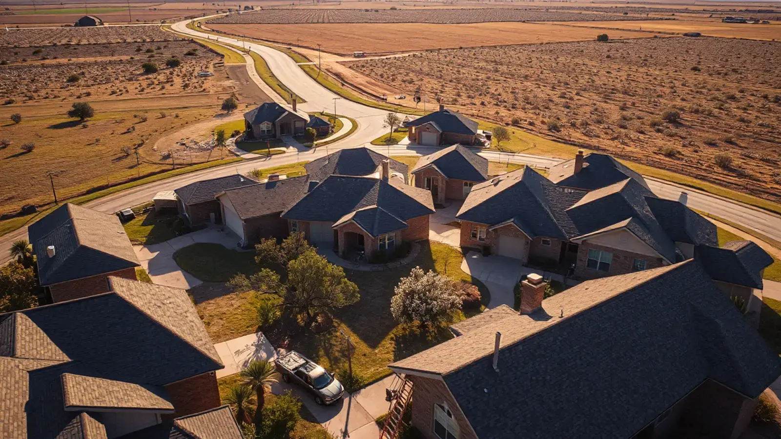 Aerial view of shingle-roofed homes on the flat West Texas plains near Lubbock, TX