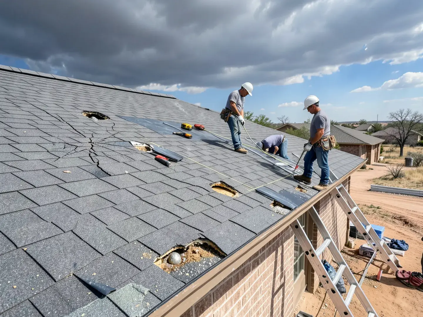 Cracked and punctured shingles from large hail on a single-story home in south Lubbock