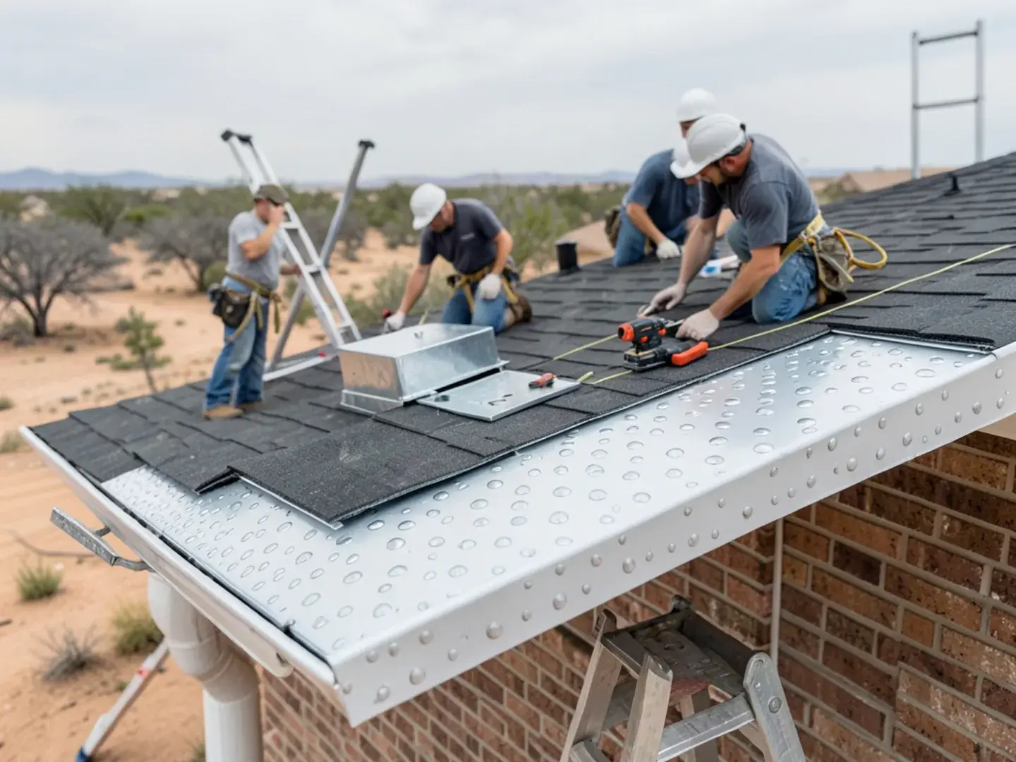 Round hail dents along an aluminum gutter and roof vent on a West Texas home