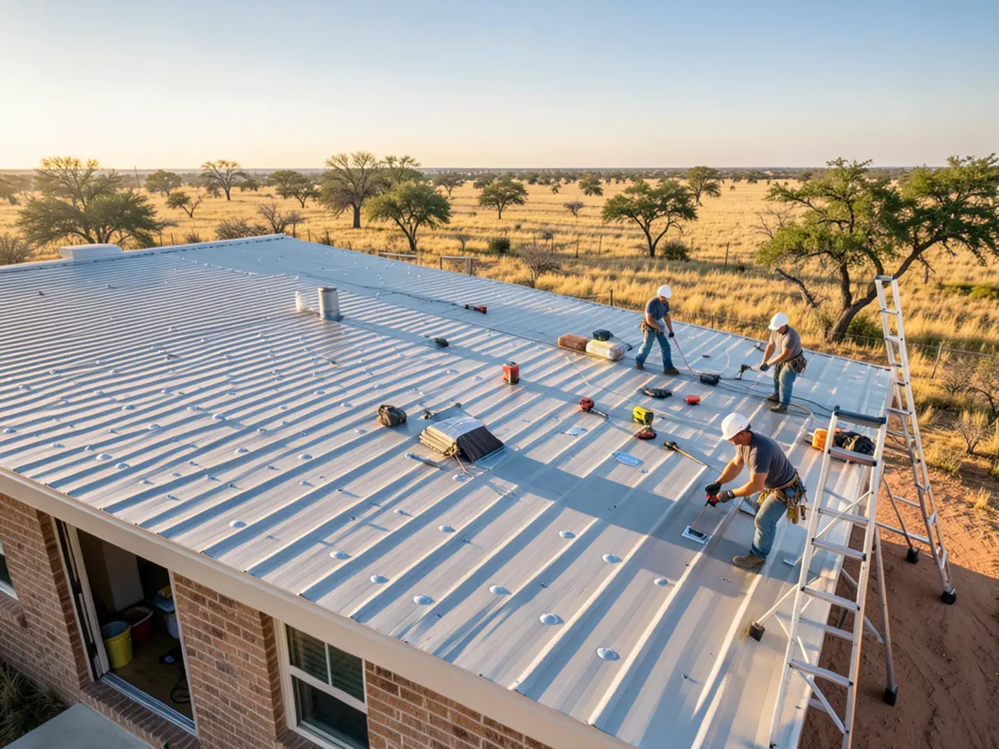 Hail dimples on a metal roof panel of a rural West Texas home under a big open sky