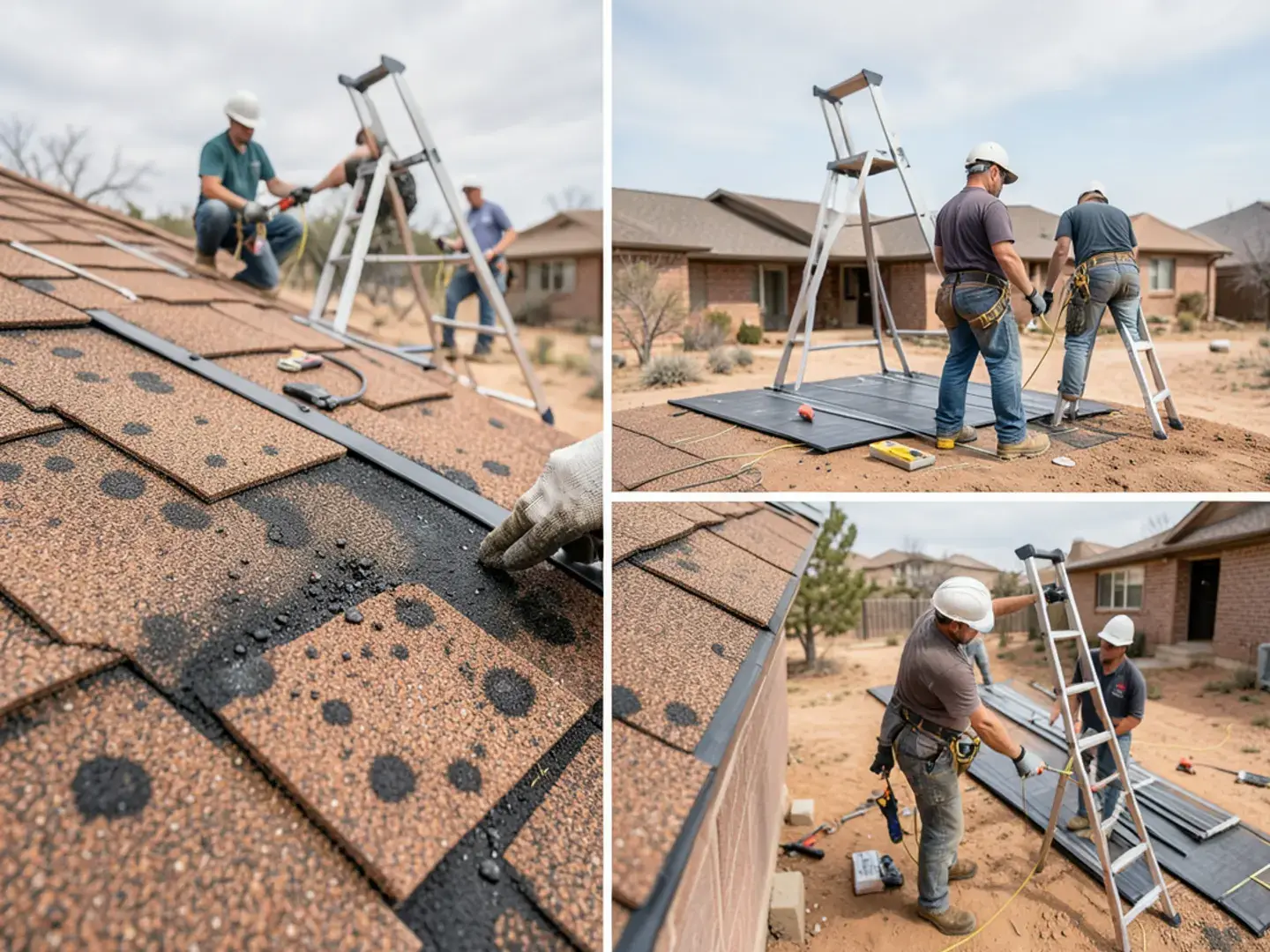 Close-up of bruised asphalt shingles with hail granule loss on an Abilene, TX roof