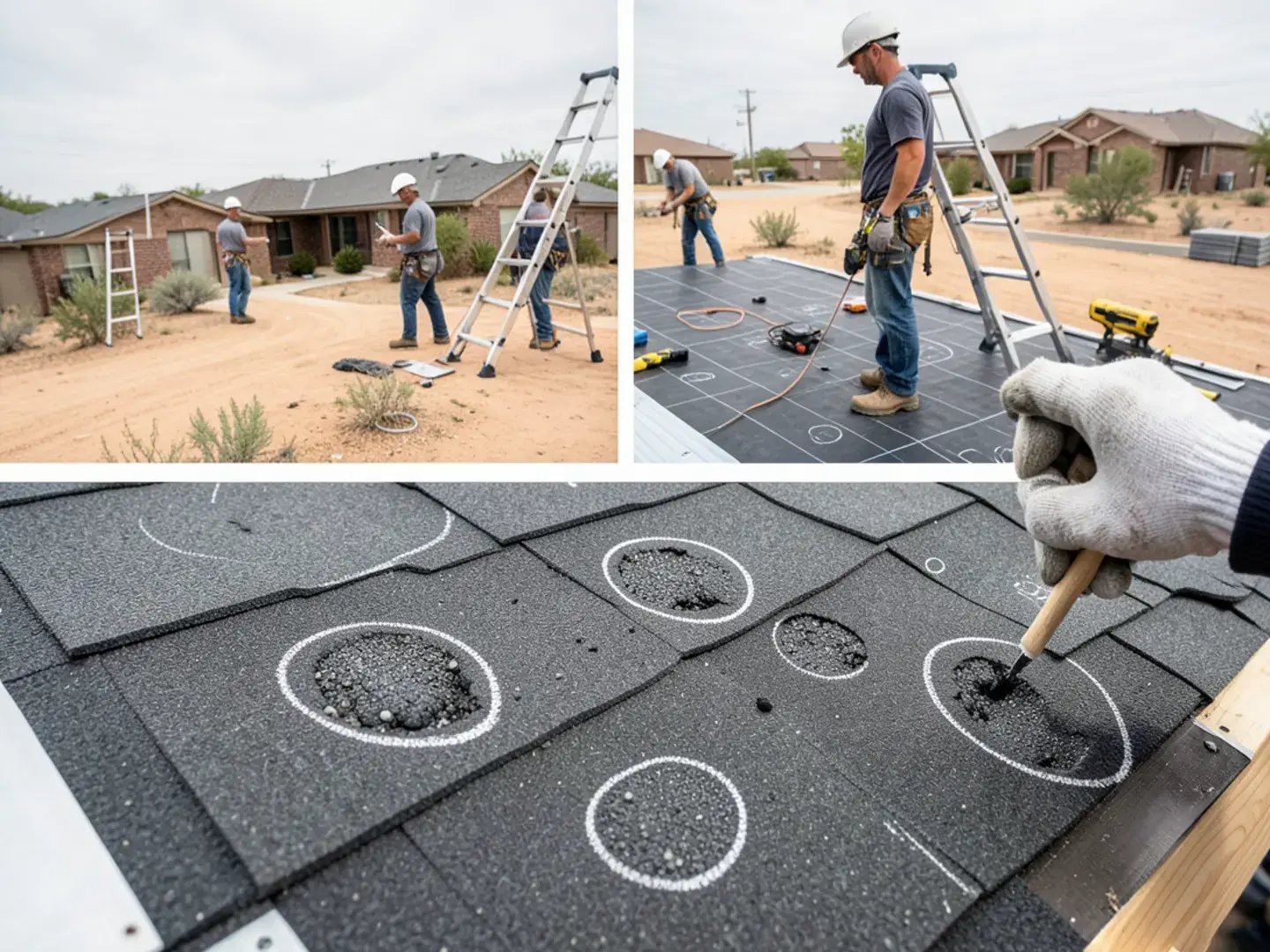 Close-up of hail impact marks with missing granules on an asphalt shingle, circled in chalk for documentation