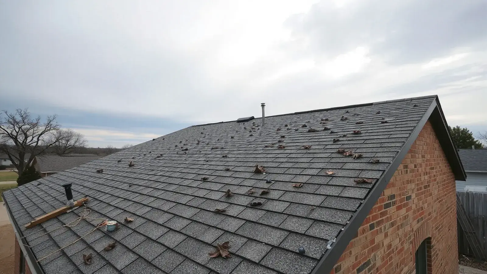 Hail-bruised asphalt shingles on a brick ranch home roof in Lubbock, TX after a spring storm