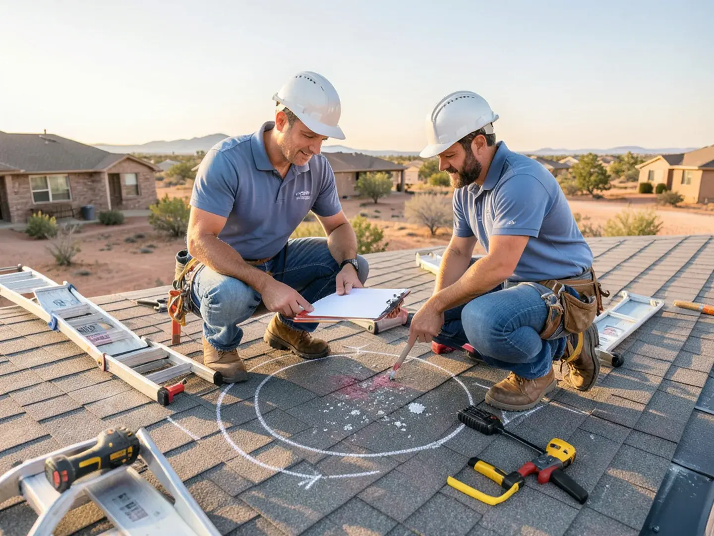 Insurance adjuster and roofer reviewing chalk-marked hail hits on a West Texas shingle roof
