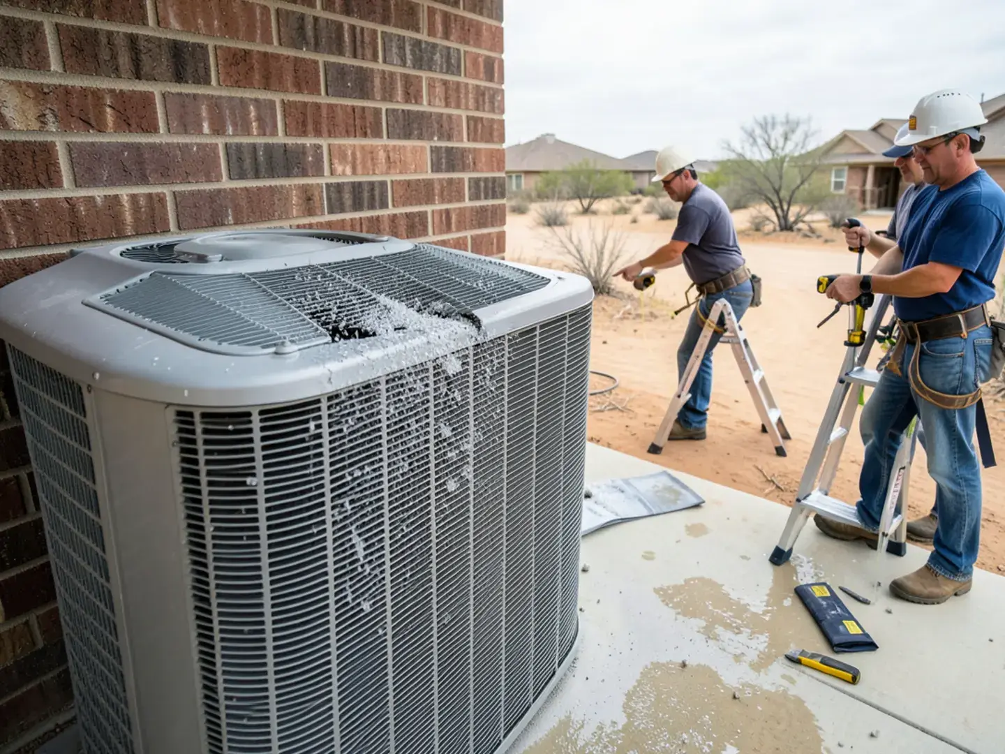 Hail-flattened fins on an outdoor AC condenser beside a brick home in West Texas
