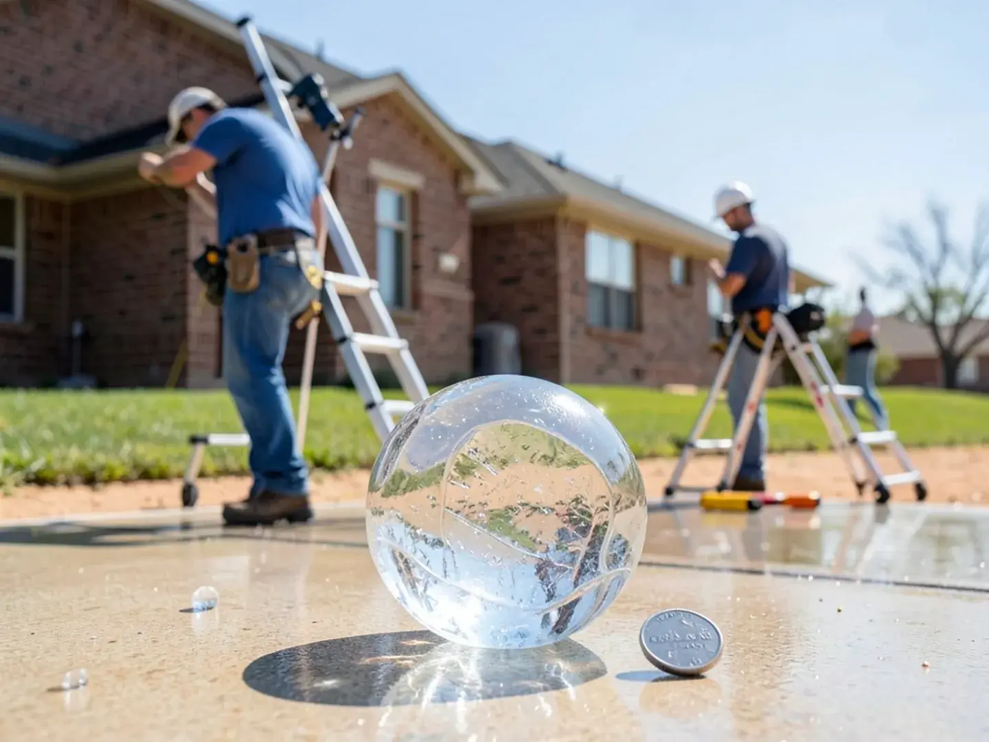 Large clear hailstone beside a coin for scale on a wet driveway in Midland, TX