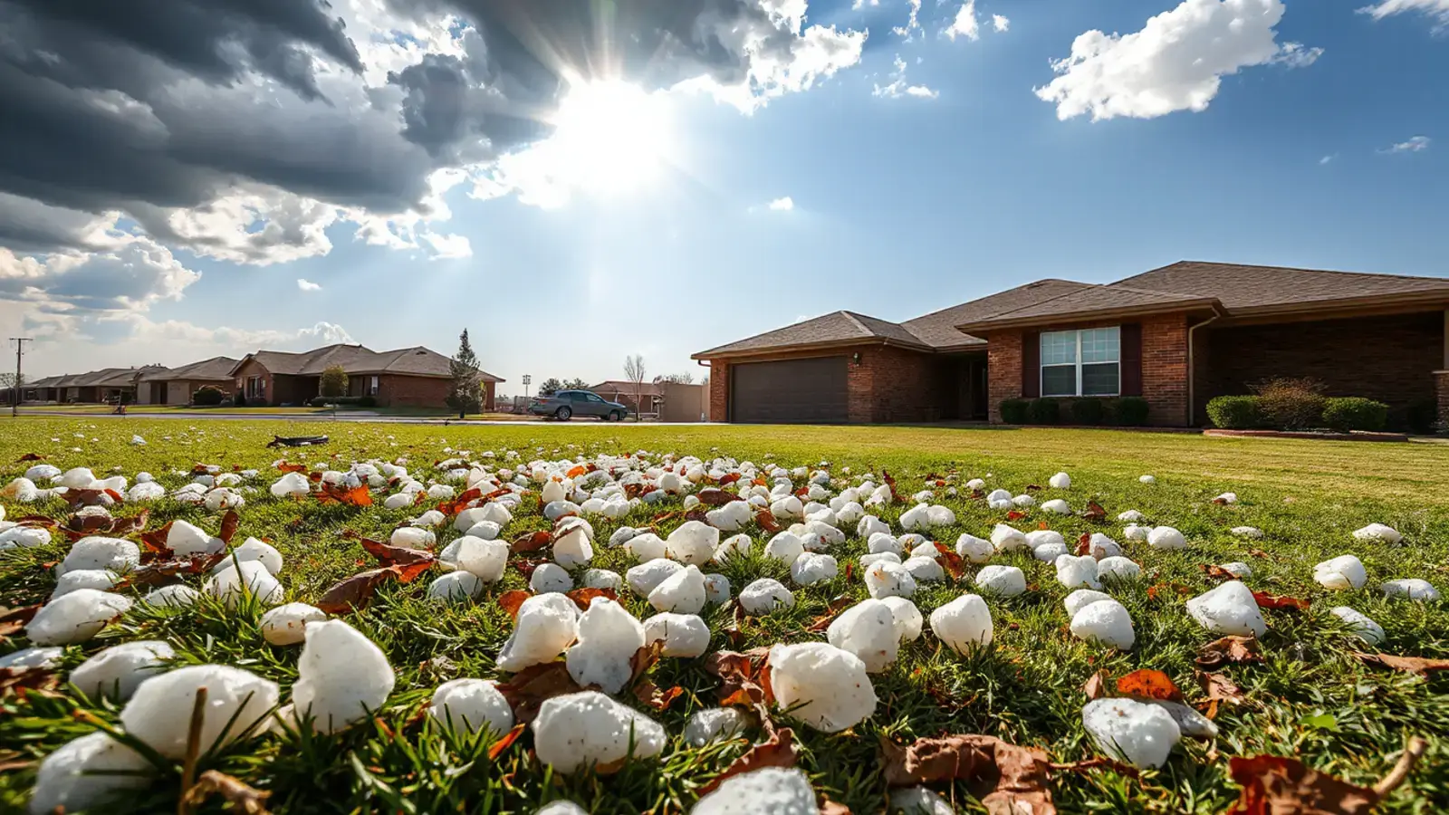 Hailstones scattered on the lawn of a brick ranch home in Lubbock, TX as storm clouds clear over a flat horizon