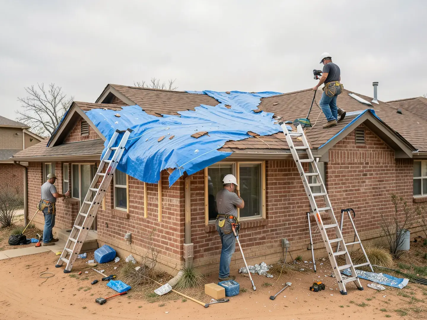 Blue tarp secured over a hail-damaged shingle roof on a single-story Lubbock home